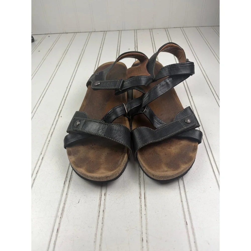 Taos Trulie Black Leather Strappy Comfort Wedge Universe Sandals Womens 10-10.5